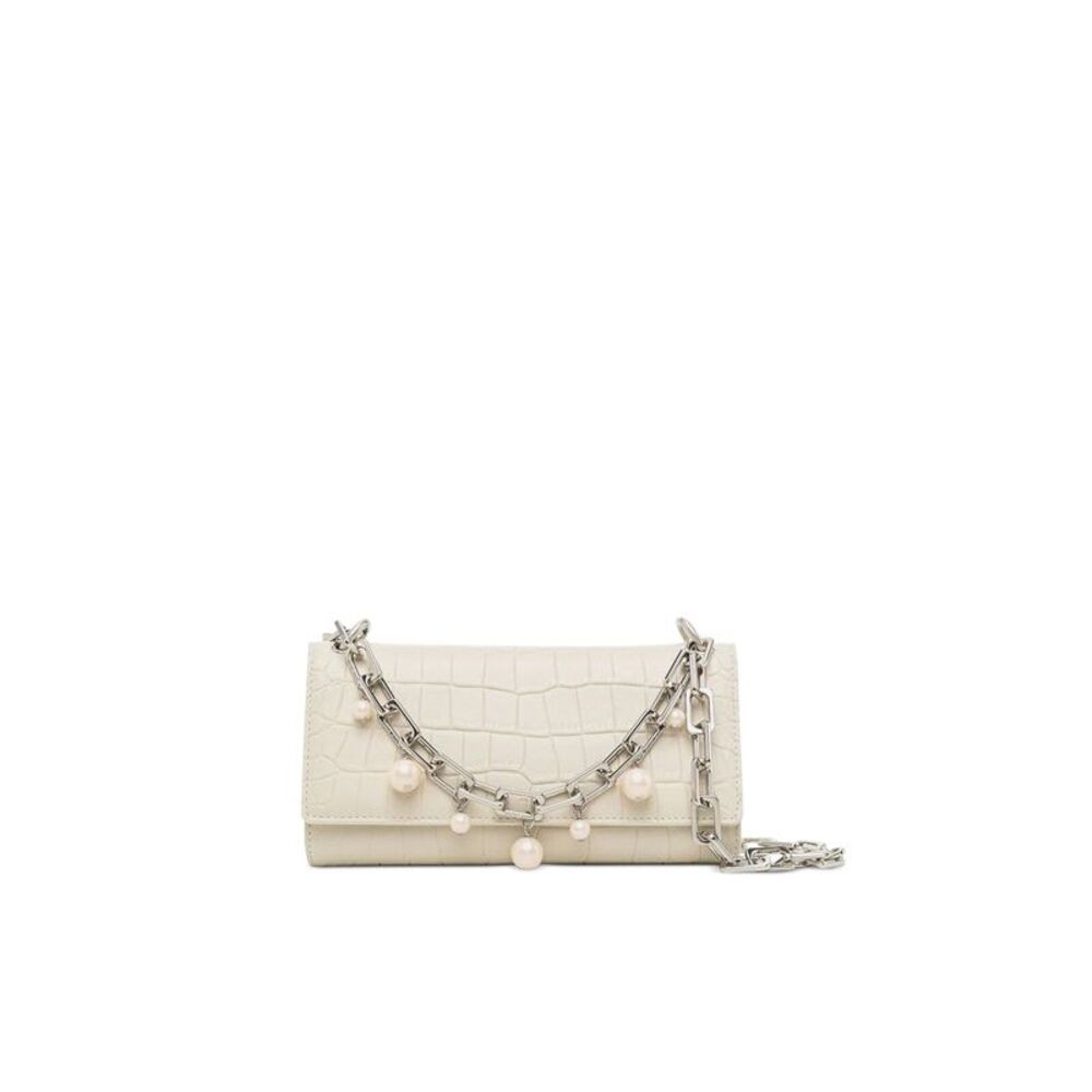 APEDE MOD Women's White Crocodile Print Suede Faux Pearls Chain Strap Wallet